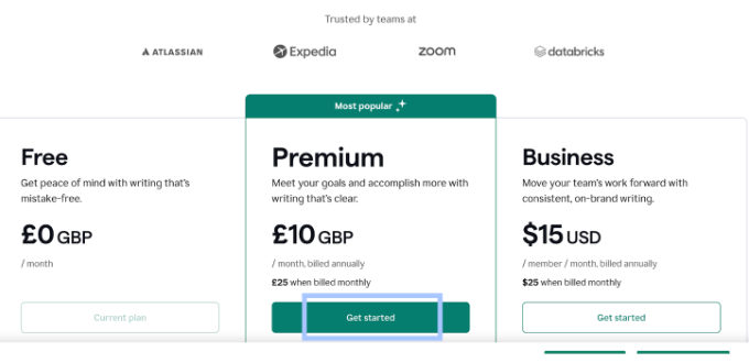 Grammarly Pricing & Click Get Started