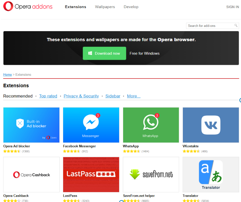 Opera browser add-ons page Opera browser add-ons page